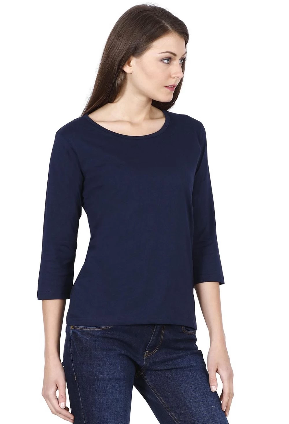 Womens Solid Navy Blue 34 Sleeve T Shirt 